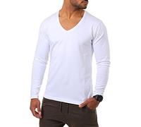 Young & Rich Herren Langarm Shirt mit tiefem V-Ausschnitt deep v-Neck Longsleeve Slim fit Stretch 2239, Grösse:L, Farbe:Weiß