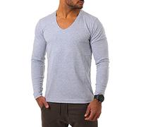Young & Rich Herren Langarm Shirt mit tiefem V-Ausschnitt deep v-Neck Longsleeve Slim fit Stretch 2239, Grösse:M, Farbe:Grau