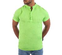 Young & Rich Herren Leinen T-Shirt mit Knopfleiste Henley Shirt Tunika Kurzarm Hemd Regular fit 100% Leinen T3143, Grösse:M, Farbe:Lime-Grün