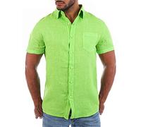 Young & Rich Herren Leinenhemd Kurzarm körperbetonte Passform sommerlich Leichter 100% Leinenstoff Slim Fit T3158, Grösse:M, Farbe:Lime-Grün