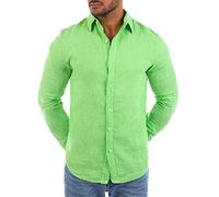 Young & Rich Herren Leinenhemd Langarm körperbetont Slim fit leicht tailliert 100% Leinen T3152-H1650, Grösse:S, Farbe:Lime-Grün