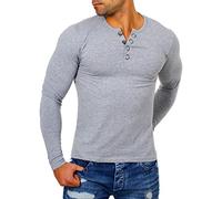 Young & Rich Herren Longsleeve Langarm T-Shirt Knopfleiste mit extra großen Metall Knöpfen Slimfit Big Buttons 2872, Grösse:L, Farbe:Grau