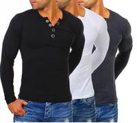 Young & Rich Herren Longsleeve Langarm T-Shirt Knopfleiste mit extra großen Metall Knöpfen Slimfit Big Buttons 2872, Grösse:XL, Farbe:Weiß/Schwarz/Dunkelgrau (3er Pack)