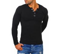 Young & Rich Herren Longsleeve Langarm T-Shirt Knopfleiste mit extra großen Metall Knöpfen Slimfit Big Buttons 2872, Grösse:M, Farbe:Schwarz