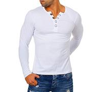 Young & Rich Herren Longsleeve Langarm T-Shirt Knopfleiste mit extra großen Metall Knöpfen Slimfit Big Buttons 2872, Grösse:XL, Farbe:Weiß