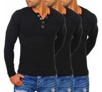 Young & Rich Herren Longsleeve Langarm T-Shirt Knopfleiste mit extra großen Metall Knöpfen Slimfit Big Buttons 2872, Grösse:XL, Farbe:Schwarz (3er Pack)