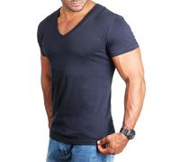 Young & Rich Herren Uni Basic Kurzarm T-Shirt mit tiefem V-Ausschnitt deep V-Neck einfarbig Slimfit 1875, Grösse:S, Farbe:Dunkelblau