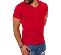 Young & Rich Herren Uni feinripp Basic T-Shirt mit Knopfleiste & tiefem V-Ausschnitt deep V-Neck Slim fit einfarbig 1873, Grösse:XL;Farbe:Rot