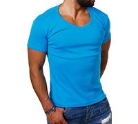 Young & Rich Herren Uni feinripp Basic T-Shirt tiefer runder V-Ausschnitt Slimfit deep Round V-Neck einfarbig 1874, Grösse:M, Farbe:Türkis