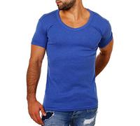 Young & Rich Herren Uni feinripp Basic T-Shirt tiefer runder V-Ausschnitt Slimfit deep Round V-Neck einfarbig 1874, Grösse:XL, Farbe:blau-Melange