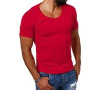 Young & Rich Herren Uni feinripp Basic T-Shirt tiefer runder V-Ausschnitt Slimfit deep Round V-Neck einfarbig 1874, Grösse:S, Farbe:Rot