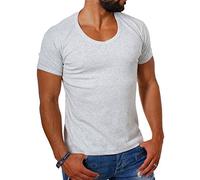 Young & Rich Herren Uni feinripp Basic T-Shirt tiefer runder V-Ausschnitt Slimfit deep Round V-Neck einfarbig 1874, Grösse:XXL, Farbe:Hellgrau