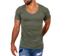 Young & Rich Herren Uni feinripp Basic T-Shirt tiefer runder V-Ausschnitt Slimfit deep Round V-Neck einfarbig 1874, Grösse:XXL, Farbe:Militär-Grün