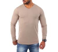 Young & Rich Herren Uni Longsleeve v-Neck Basic Tee Langarm Shirt einfarbig V-Ausschnitt Slimfit mit Stretchanteilen 2001, Grösse:S, Farbe:Hellbraun