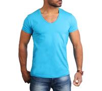 Young & Rich Herren Uni T-Shirt Basic mit extra tiefem V-Ausschnitt Slimfit deep V-Neck Stretch dehnbar 1315, Grösse:S, Farbe:Türkis