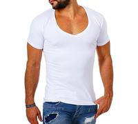Young & Rich Herren Uni T-Shirt Basic mit extra tiefem V-Ausschnitt Slimfit deep V-Neck Stretch dehnbar 1315, Grösse:L, Farbe:Weiß