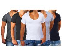 Young & Rich Herren Uni T-Shirt Basic mit extra tiefem V-Ausschnitt Slimfit deep V-Neck Stretch dehnbar 1315, Grösse:XXL, Farbe:Weiß/Schwarz/Grau/Dunkelgrau/Dunkelblau (5er Pack)