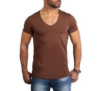 Young & Rich Herren Uni T-Shirt Basic mit extra tiefem V-Ausschnitt Slimfit deep V-Neck Stretch dehnbar 1315, Grösse:L, Farbe:Braun