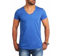 Young & Rich Herren Uni T-Shirt Basic mit extra tiefem V-Ausschnitt Slimfit deep V-Neck Stretch dehnbar 1315, Grösse:XXL, Farbe:blau-Melange