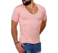 Young & Rich Herren Uni T-Shirt mit extra tiefem V-Ausschnitt Slimfit deep V-Neck Stretch dehnbar Basic Shirt 1315, Grösse:L, Farbe:Rosa
