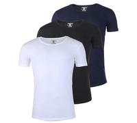 Young & Rich Herren Uni T-Shirt mit tiefem Rundhals Ausschnitt einfarbig körperbetontes Basic Tee Vintage Look - 1702 3er Pack, Grösse:XXL, Farbe:Weiß/Schwarz/Dunkelblau