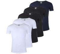 Young & Rich Herren Uni T-Shirt mit tiefem Rundhals Ausschnitt einfarbig körperbetontes Basic Tee Vintage Look - 1702 5er Pack, Grösse:M, Farbe:2 x Weiß / 2 x Schwarz / 1 x Dunkelblau