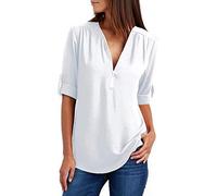 Youning Damen Chiffon Blusen V Ausschnitt Reißverschluss Sommer Casual T Shirt Top Bluse Oberteile Elegante Langarmshirts Bluse Tunika Langarm Blusenshirt Chiffon Hemd Business Tunika T-Shirt