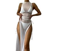 Youning Damen Strandkleid Bikini Cover Up Strandtunika Damen Sommer Netz Transparent Leichte Strandponcho Lang Luftiges Strandkleider Sarong Tuch Strandbluse Sexy Mesh Kleid für Strand Swimwear
