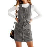Yousify Lässiges ärmelloses Damenkleid, Denim-Kleid, Knopfleiste, Sommer-Jeans-Minikleid, Trendiger Overall mit Taschen, GRAU, XX-Large