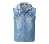 YOUTHUP Weste Herren Denim Weste mit Kappe Regular Fit Zerrissen Jeansweste Ärmellose Freizeitweste, Blau, XXL