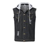 YOUTHUP Weste Herren Denim Weste mit Kappe Regular Fit Zerrissen Jeansweste Ärmellose Freizeitweste, Schwarz, L