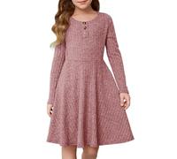 YOVION Langärmeliges Kleid für Mädchen, Rundhalsausschnitt, Knopfleiste, lässig, ausgestellt, A-Linie, gerippt, mit Taschen, für 6-12 Jahre, Pink, 152