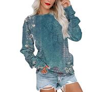Yowablo Blauer Hoodie Damen Herbst Und Winter Mode Langarm Rundhals Pullover Retro Gedruckt Damen Hoodless Sweatshirt Pullover Schulterfrei Damen (b-K, XL)