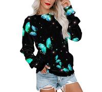 Yowablo Blauer Hoodie Damen Herbst und Winter Mode Langarm Rundhals Pullover Sweatshirt Schmetterling Bedruckt Damen Kapuzenpullover Pullover Schulterfrei Damen (c-W, L)