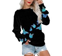 Yowablo Blauer Hoodie Damen Herbst und Winter Mode Langarm Rundhals Pullover Sweatshirt Schmetterling Bedruckt Damen Kapuzenpullover Pullover Schulterfrei Damen (c-V, XL)
