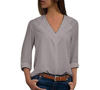 Yowablo Bluse Damen Chiffon Elegant V-Ausschnitt Knopf Elegant Langarm Casual Oberteile Hemd Lose Langarmshirt Tops (3XL,2- Grau)