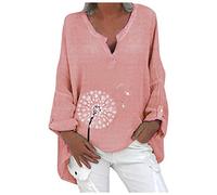 Yowablo Bluse Damen Hemden Hemdbluse Bluse Top Frauen Plus Size Lässig Langarm Blumendruck Hemd mit Lockerem V-Ausschnitt (XXL,1Rosa)