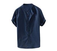 Yowablo Bluse Herren Baggy Baumwolle Leinen Solide Kurzarm Knopf Retro T Shirts Tops (L,Marine)