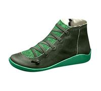 Yowablo Boots Damen Casual Flache Leder Retro Schnürstiefel Seitlicher Reißverschluss Runde Kappe Plus Samt (40 EU,Plus Samt-Grün)