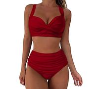 Yowablo Damen-Bikini mit hoher Taille sexy Push-Up Zweiteilige Badeanzüge Vintage-Badeanzug zweiteiliges Retro-Bikini-Set mit hoher Taille und hohem Bund Hotpants Damen (XXL,Wein-C)