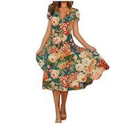 Yowablo Damen Casual Print Lose V-Ausschnitt Kurzarm Bequemes Elegantes Kleid mitem Saum Freizeitkleid Silvesterkleid (M,d-Orange)