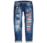 Yowablo Damen-Jeanshose, gerades Bein, zerrissener Druck, mittlere Taille, gerade Jeans, graue Jeans, Denim-Hose Knöpfe Jeanshosen (2-Dark Blue, XXXXL)