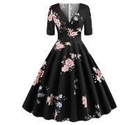 Yowablo Damen Kleider Elegant Spitzenkleid Cocktailkleid Rundhals Knielang Rockabilly Kleid (XL,1Schwarz)