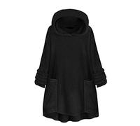 Yowablo Damen Knopf Mit Kapuze Mantel Flauschige Fleecejacke Frauen Kapuzenjacke Lose Pullover Wollmantel Atmungsaktiv Warm Bequem Bluse Tops Outwear Coat Volle Größe (3XL,2- Schwarz)
