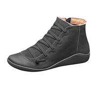 Yowablo Damen Kurzschaft Stiefel Lässige Flache Retro-Schnürstiefel aus Leder mit seitlichem Reißverschluss und runder Schuhspitze (35 EU,4- Schwarz)