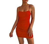 Yowablo Damen Neckholder-Kurzkleid, sexy rückenfreies Paillettenkleid, Nachtclub-Partykleid Maxikleider (Orange, S)
