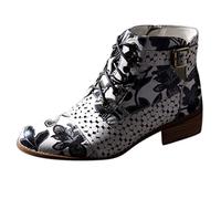 Yowablo Damen Stiefeletten Worker Boots mit Blockabsatz Malerei Blumenmuster Rindsleder Spleißen Schnürstiefeletten (36 EU,Grau)