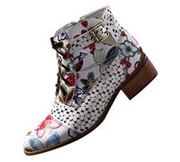 Yowablo Damen Stiefeletten Worker Boots mit Blockabsatz Malerei Blumenmuster Rindsleder Spleißen Schnürstiefeletten (37 EU,Weiß)