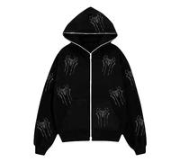 Yowablo Damen Winterjacken uziert Sweatshirt-Jacke mit Strass-Aufdruck, gepolsterte Jacke, lockere Kapuzenjacke mit Reißverschluss Trenchcoat Mantel Damen Winter (b-White, S)