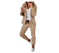 Yowablo Damen Zweiteiliges Anzug Set Büro Business Langarm Formale Jacke Hosenanzug Slim Fit Hosenjacke Sets S Label Mantel Damen (Khaki, M)